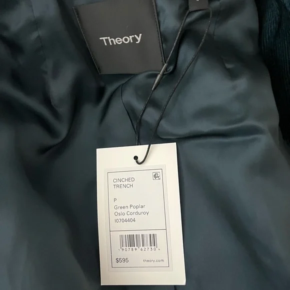 NWT! Theory | Cinched Belted Oslo Corduroy Trench Coat In Green | Size: Petite - Picture 6 of 11